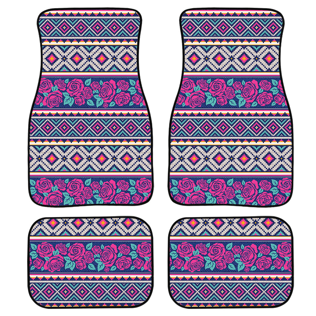 Native Tribal Ethnic Rose Pattern Print Front And Back Car Floor Mats, Front Car Mat