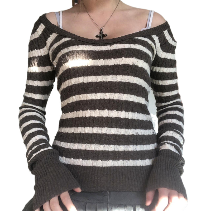 Autumn Winter Sweater Women Stripes Pattern Vintage Fairy Pullovers Low-cut Neck Long Sleeve Knitting Tops alx