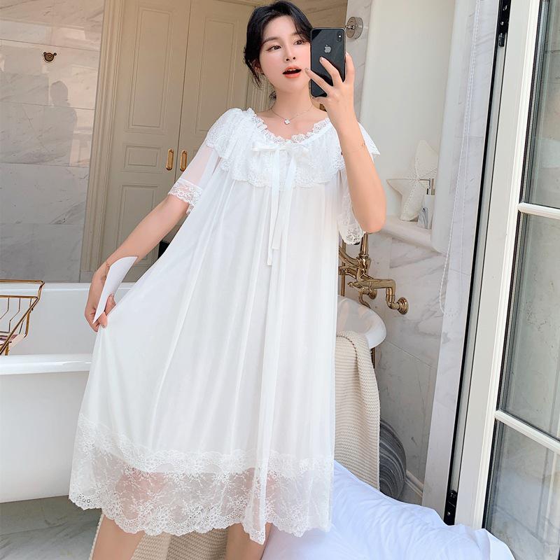 2021 Summer New Short Sleeve Nightdress Lady Bow Lace Trim Mesh Princess Nightgown Cute O-Neck Sleepwear Homewear alx