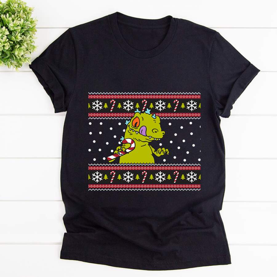 Rugrats reptar happy christmas candy cane snowflakes black cotton t shirt for men and women S-6XL