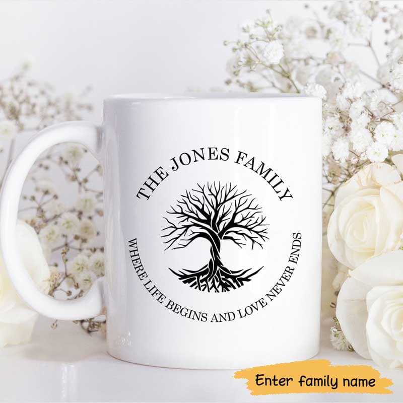 Family Where Love Never Ends Personalized Name Mug