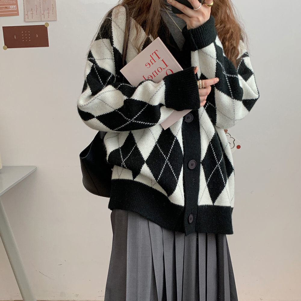 Cardigan Women Knitted Sweater Argyle Loose Sweater Single Breasted Student Lovely Knitwear Korean Oversize Cardigan Winter Tops alx