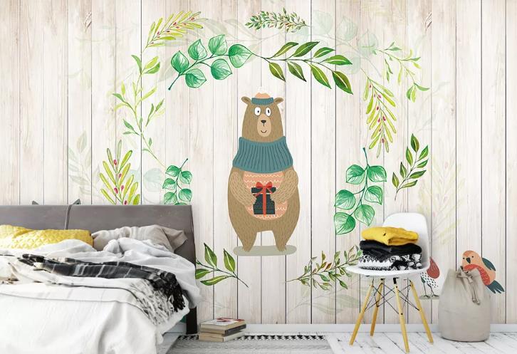 3D Hand Drawn Animal Bear Leaf Wood Board Wall Mural Wallpaper Lqh 284