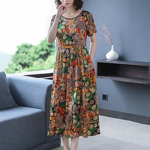 2022 Vintage Print Natural Silk Midi Dresses Summer Fashion New Office Lady Runway Dress Elegant Women Bodycon Party Vestidos alx