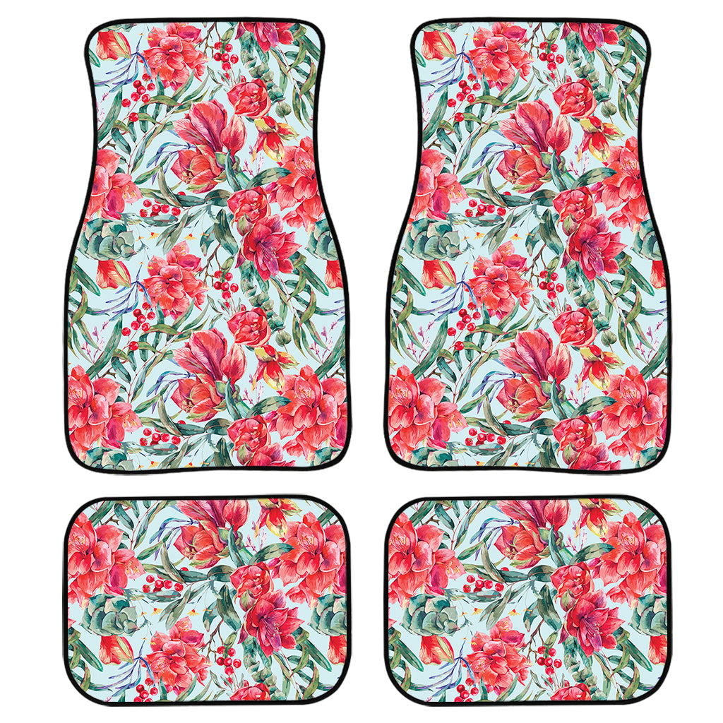 Red Amaryllis Pattern Print Front And Back Car Floor Mats, Front Car Mat