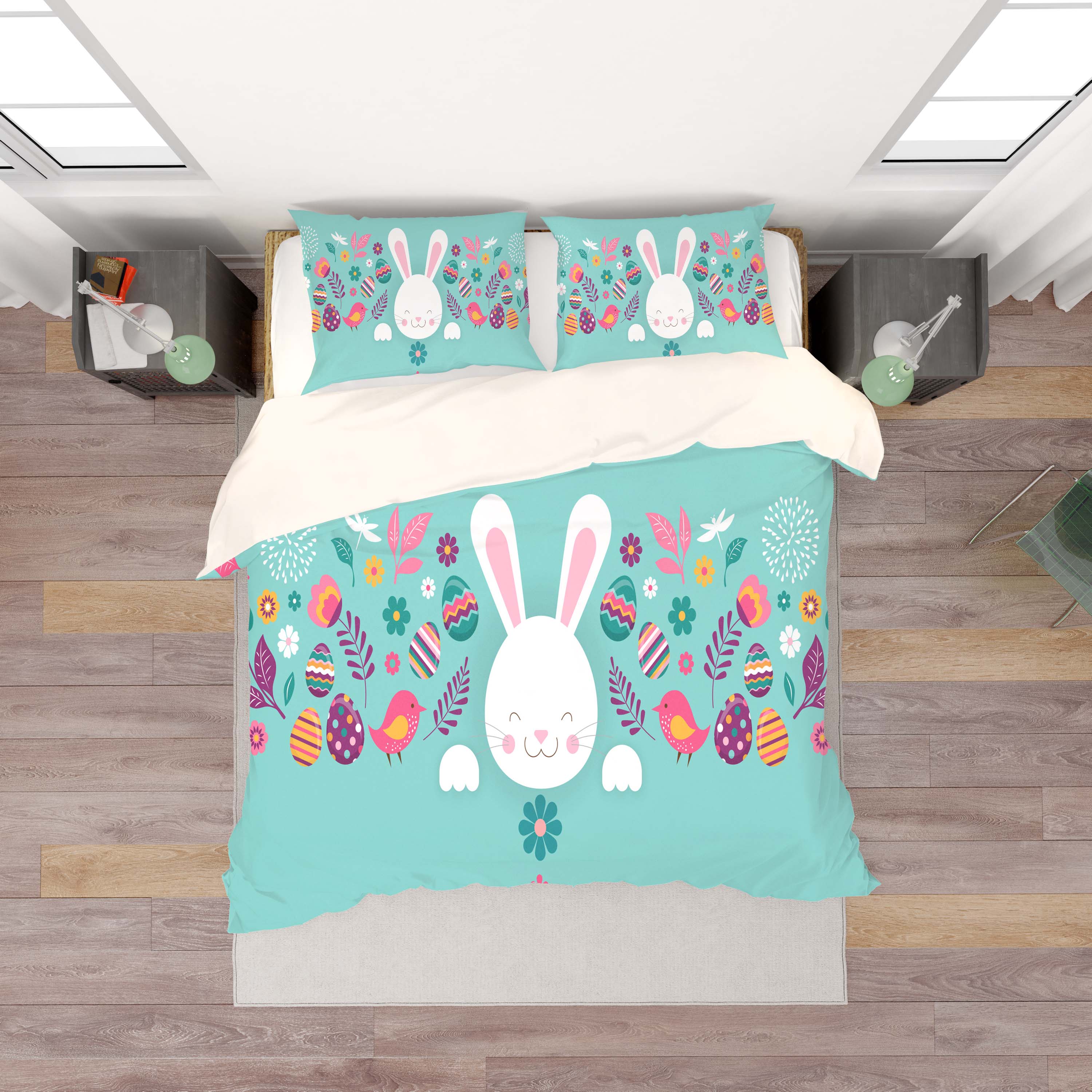 3D Blue Rabbit Birds Floral Eggs Quilt Cover Set Bedding Set Duvet Cover Pillowcases Sf44