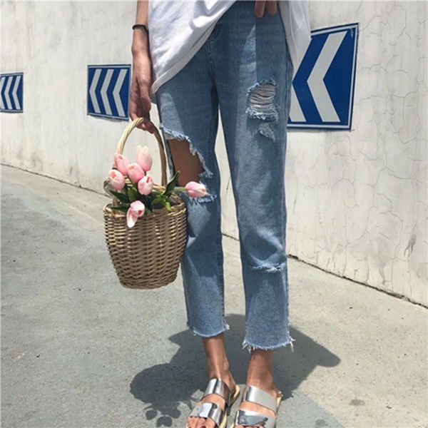 Women’s new autumn fashion ripped wash water straight trousers jeans women vintage streetwear Oversized jeans woman high waist alx