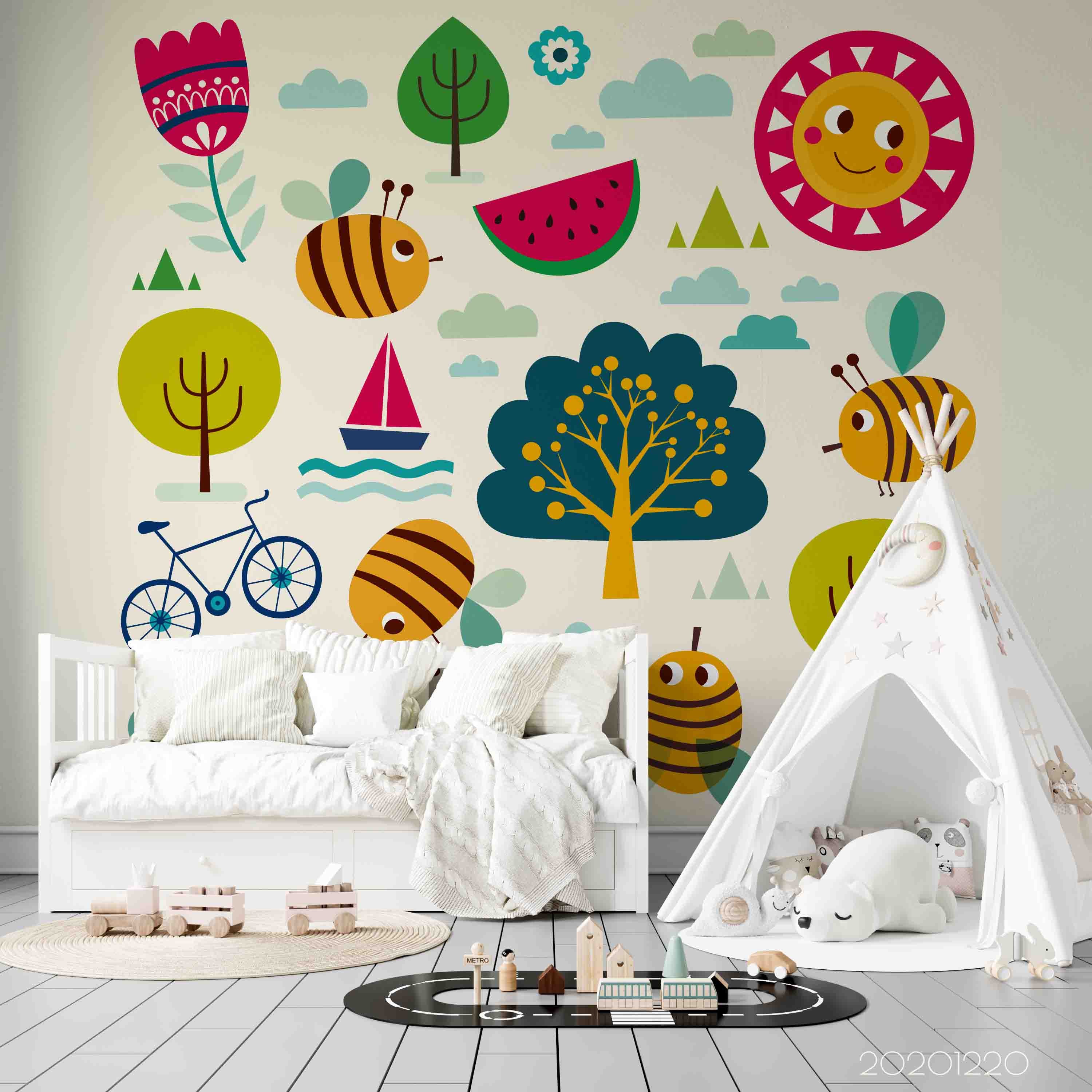 3D Hand Drawn Animal Bee Tree Wall Mural Wallpaper Lqh 139