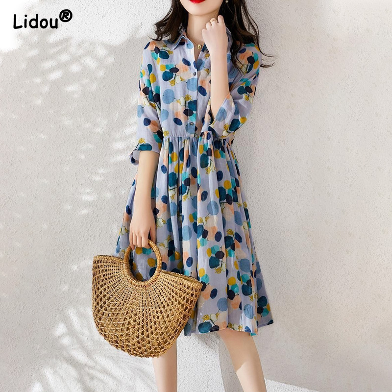 Turn-down Collar Young Style Dot Print Elastic Waist A-LINE Skirt Fashion O-neck Half Sleeve Summer Dress Women’s Clothing 2022 alx