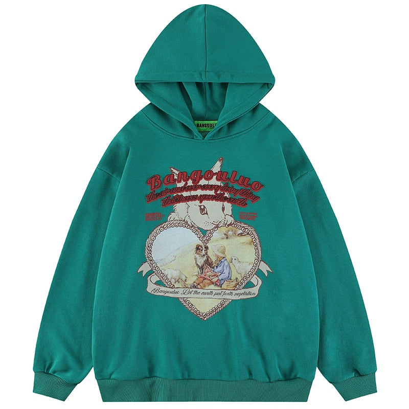 Autumn Green Hoodies Men And Women Rabbit Printed Sweatshirts With Hood Fashion Korean Streetwear Pullovers Clothing Tops Male