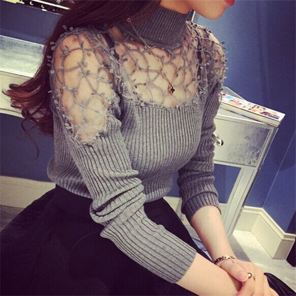 Autumn Winter 2022 Women Sexy Lace Sweater Korean Female Long Sleeve Pullovers Casual Knitted Sweaters Lady Slim Turtleneck Tops alx