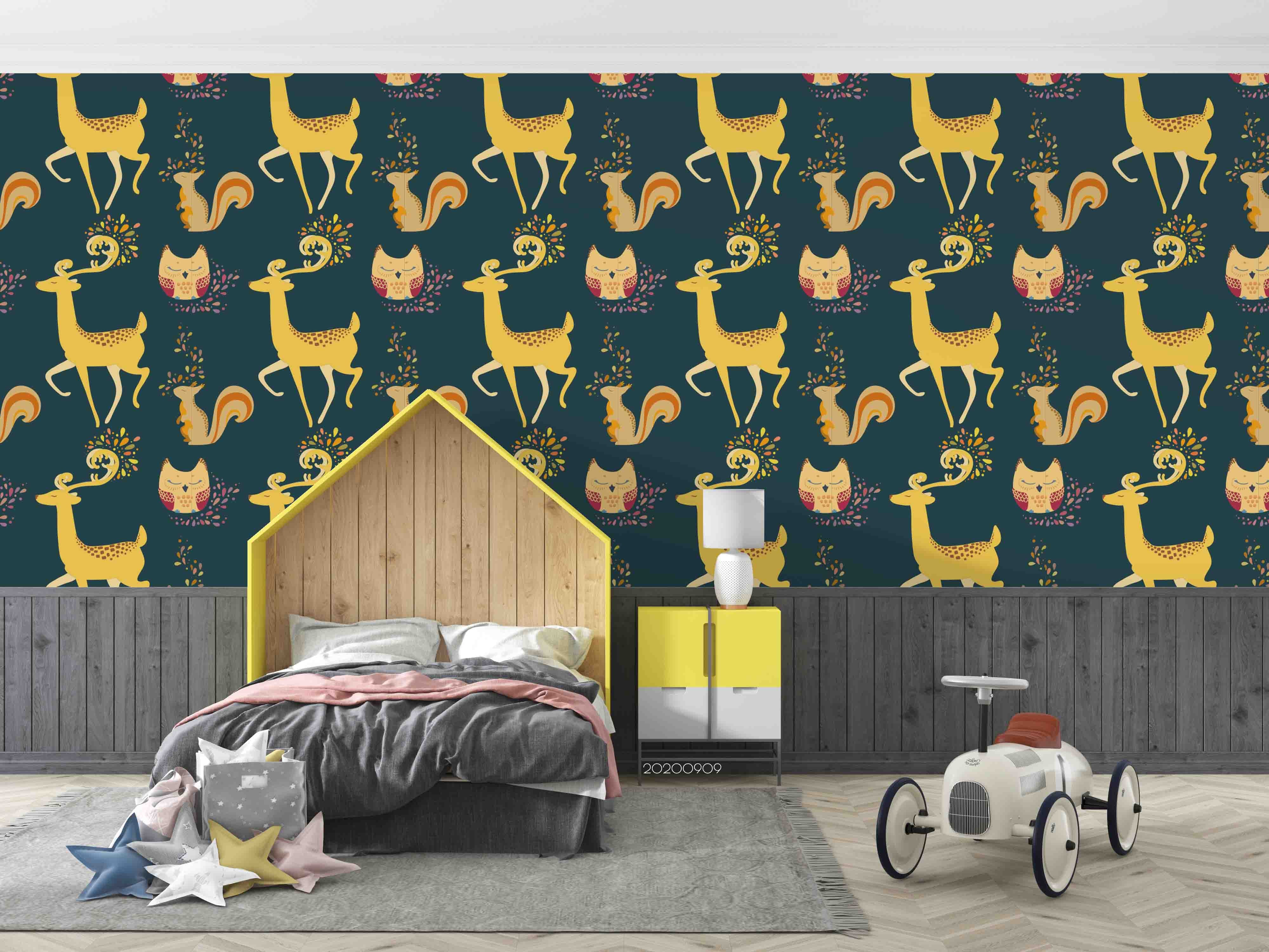 3D Cartoon Yellow Deer Squirrel Cat Animal Wall Mural Wallpaper Lxl