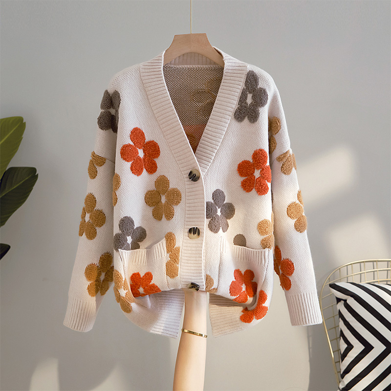 2021 Autumn and Winter Cardigan Women V-Neck Flower Pocket Loose Long Sleeve Sweater Coat Female Casual Vintage Oversize Jacket alx