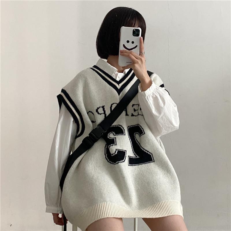 Women’s Warm Vest Preppy Style Sleeveless Sweater for Women Letter V-Neck Pullover Oversize Sweater Woman Korean Fashion Vest alx