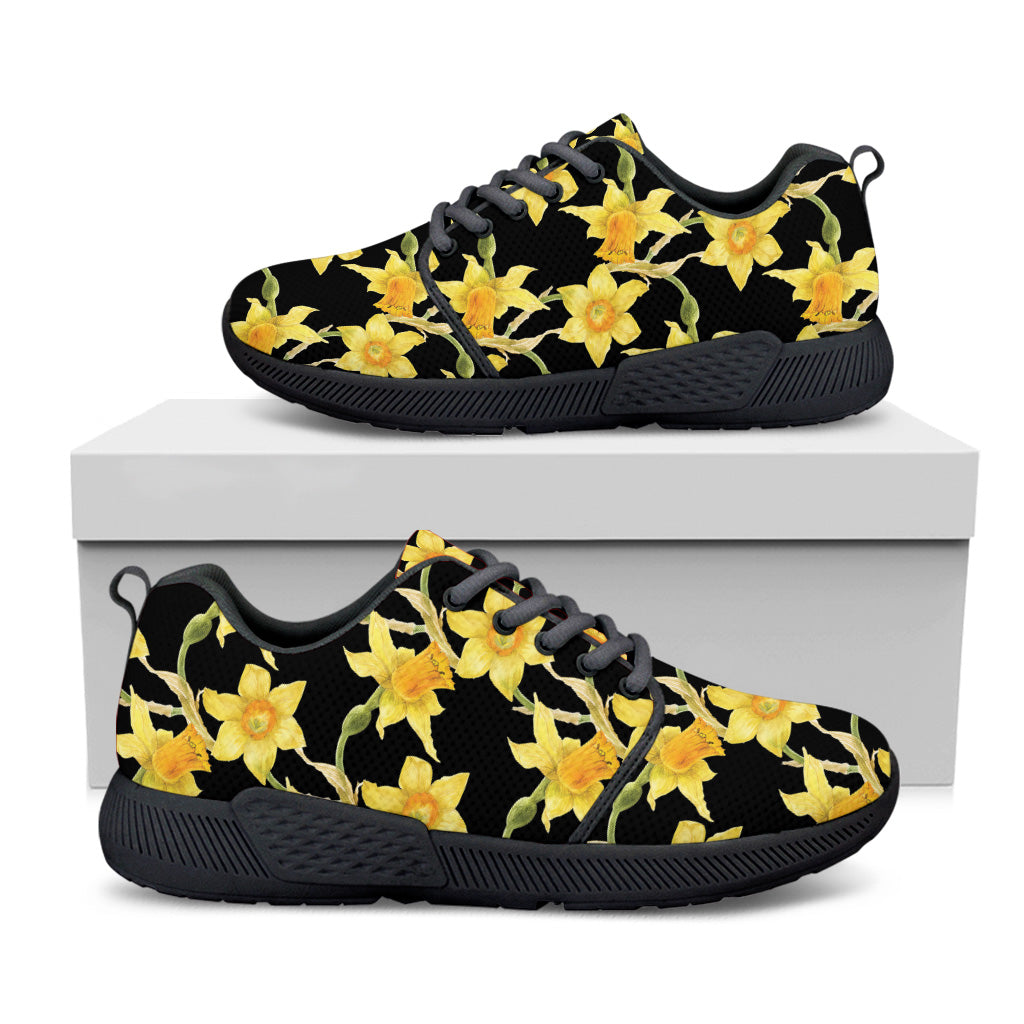 Watercolor Daffodil Flower Pattern Print Black Athletic Shoes