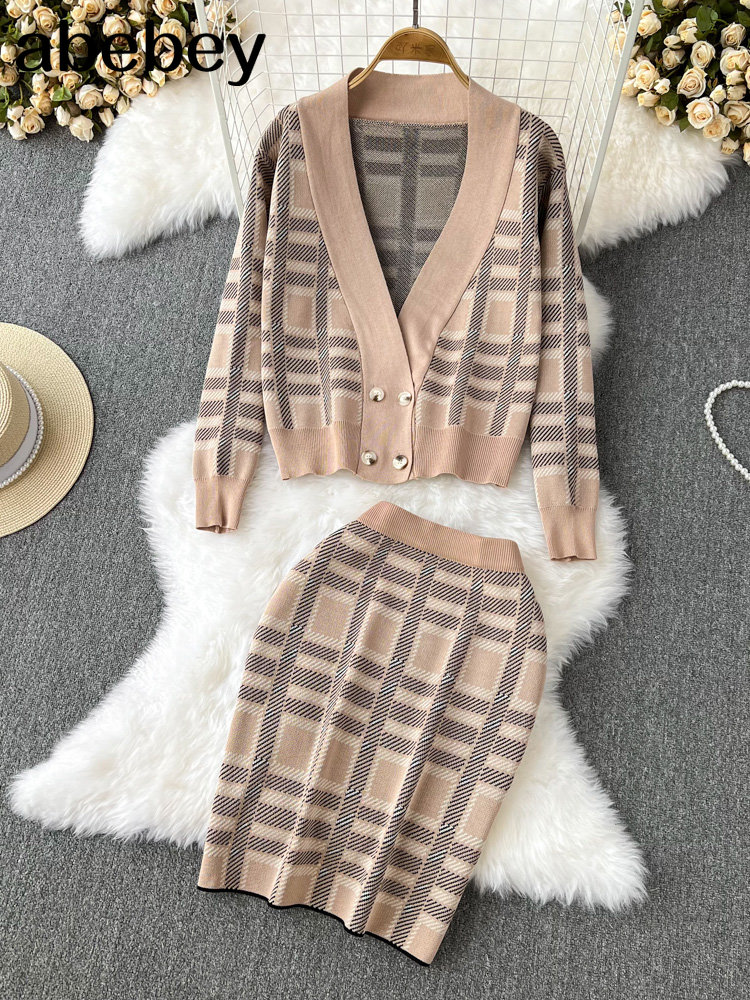 Autumn Winter Women Set Sweater Fashion Loose Plaid Knitting Cardigans+skirt Female Set Ensemble Femme 2 Pieces 2022 alx