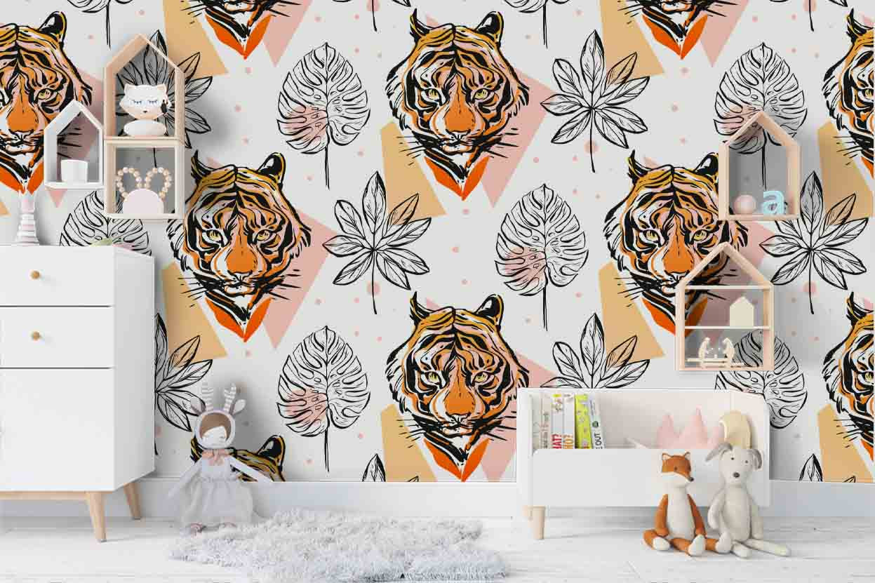 3D Hand Drawn Tiger Animal Palm Leaves Plant Pattern Wall Mural Wallpaper Lxl