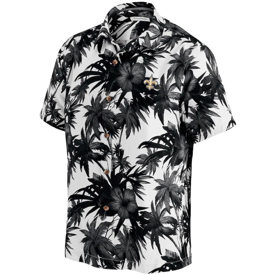 New Orleans Saints Tommy Bahama Harbor Island Hibiscus Silk Hawaiian Camp Shirt