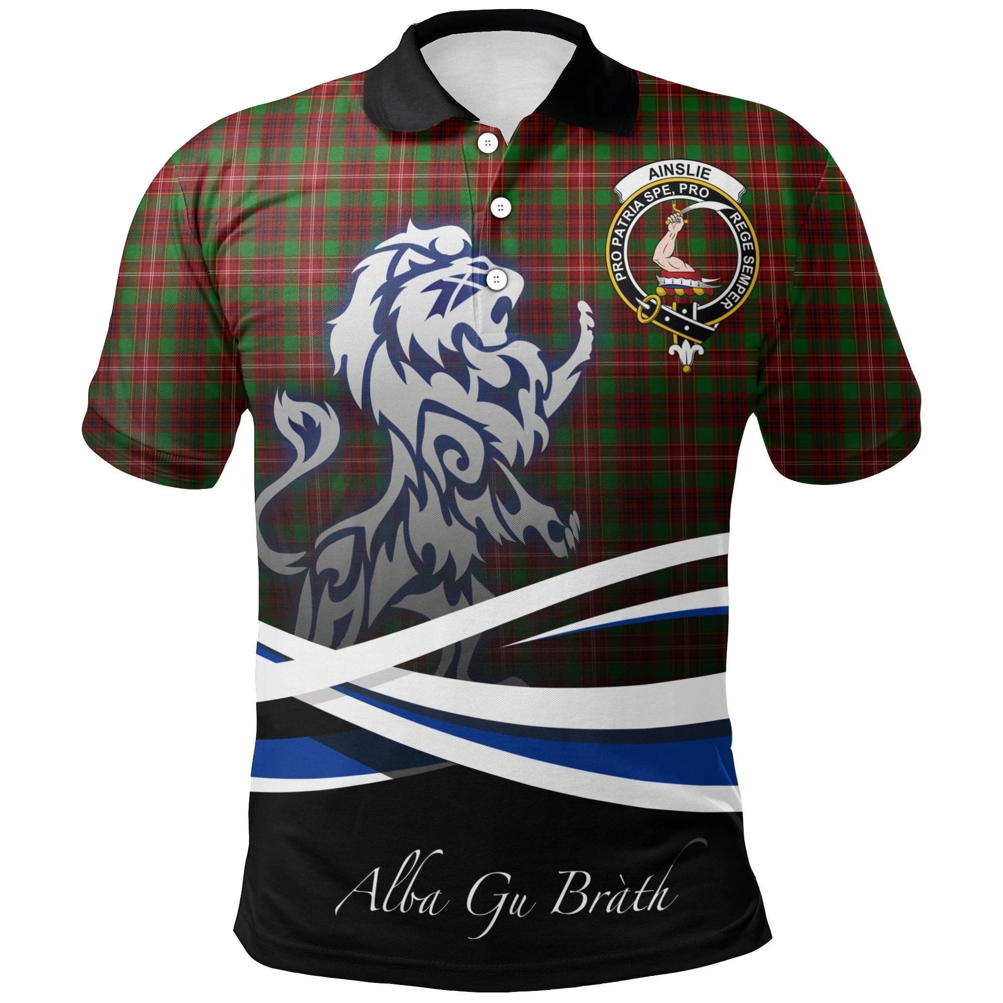 Ainslie Clan Polo Shirt, Scottish Tartan Ainslie Clans Polo Shirt Crest Lion Style