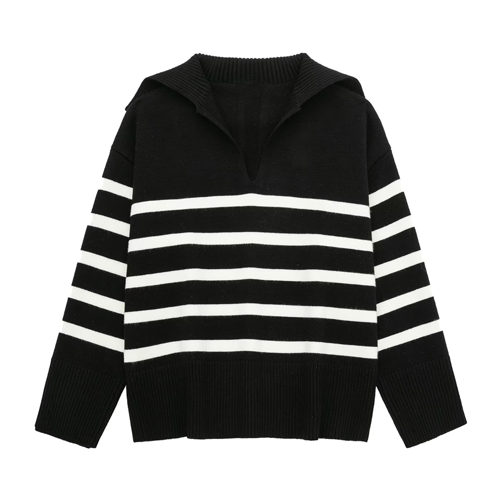 Women 2022 Autumn New Leisure Fashion Striped knitted Sweater Vintage Lapel Long Sleeve Female Pullovers Chic Tops alx