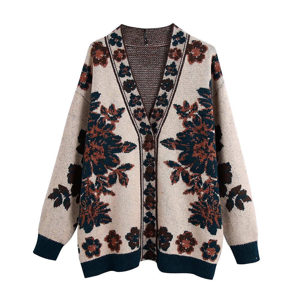 XIKOM 2021 Autumn Floral Women Sweater Cardigen V Neck Long Sleeve Sweater Oversize Female Streetwear Knitted Cardigan Sweater alx