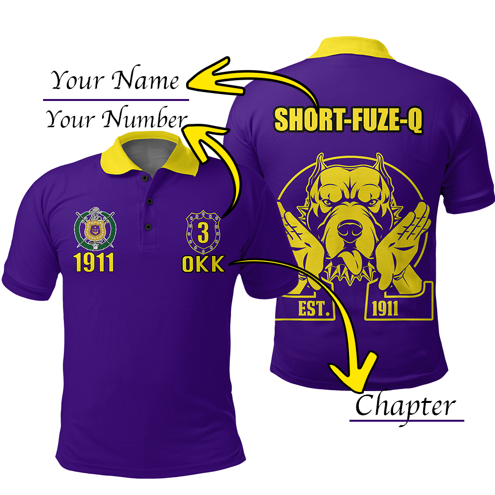 (Custom Personalised) (Short-Fuze-Q) Omega Psi Phi Polo Shirt – Bulldog Crown Psi Hand Sign – Lt20