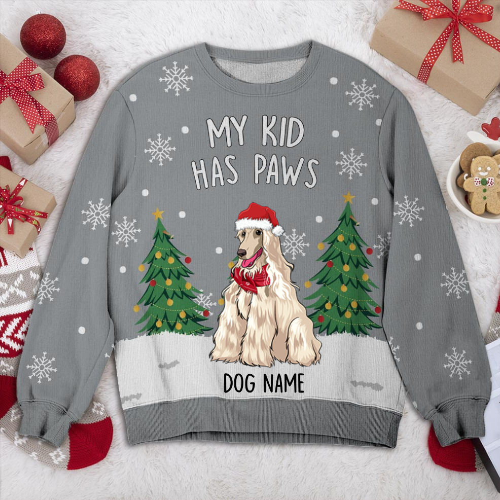 Afghan Hound My Kid Has Paws Personalized Sweater, Dog Ugly Christmas Sweater