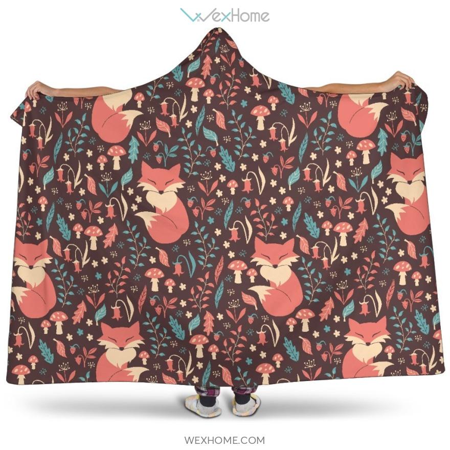 Fox Leaves Mushroom Pattern Hooded Blanket