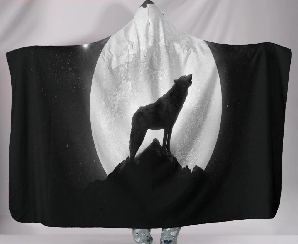 Wolf Howl Full Moon Plush Hooded Blanket