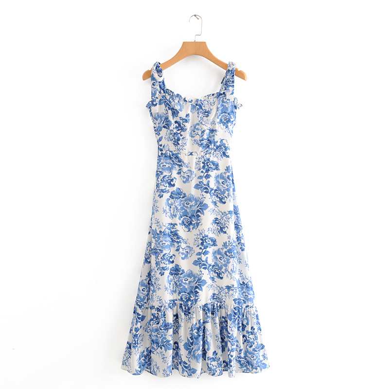 Summer Dresses Women 2020 Vintage Blue White Floral Print Dress Woman Sexy Spaghetti Strap Tie Chiffon Elegant Ruffle Midi Dress alx