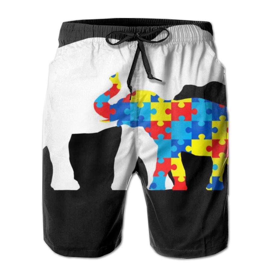 2 Pack Elephant Puzzle Autism Parents Horizontal Poster Men Swim Trunks Drawstring Elastic Waist Quick Dry Beach Shorts with Mesh Lining Swimwear Bathing Suits