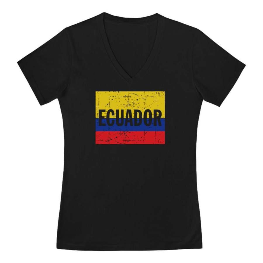 Ecuador Flag – Vintage Retro Ecuadorian V-Neck Fitted Women T-Shirt