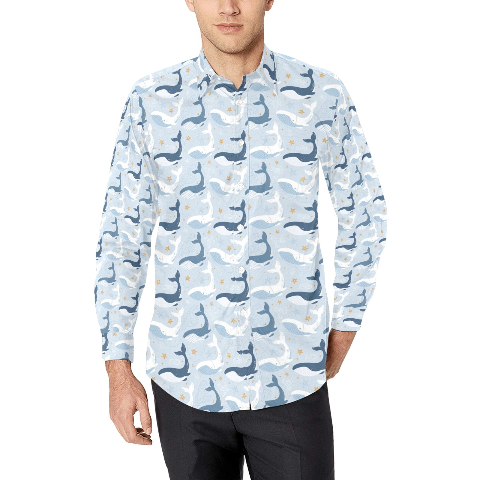 Whale Print Design Lks305 Long Sleeve Dress Shirt