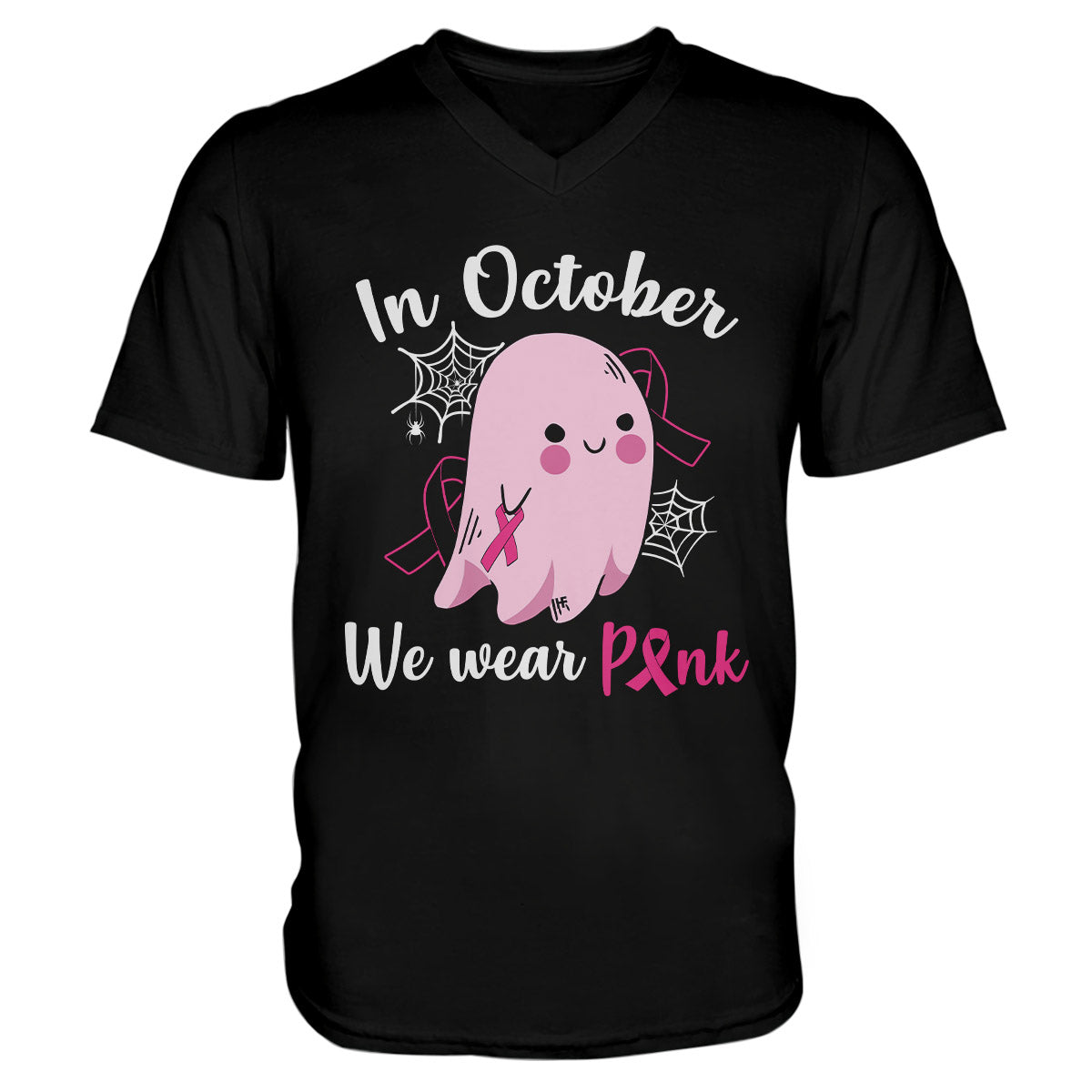 In October We Wear Pink Ghost Breast Cancer Awareness Shirt, Breast Cancer Awareness Month Unisex V-Neck T-Shirt