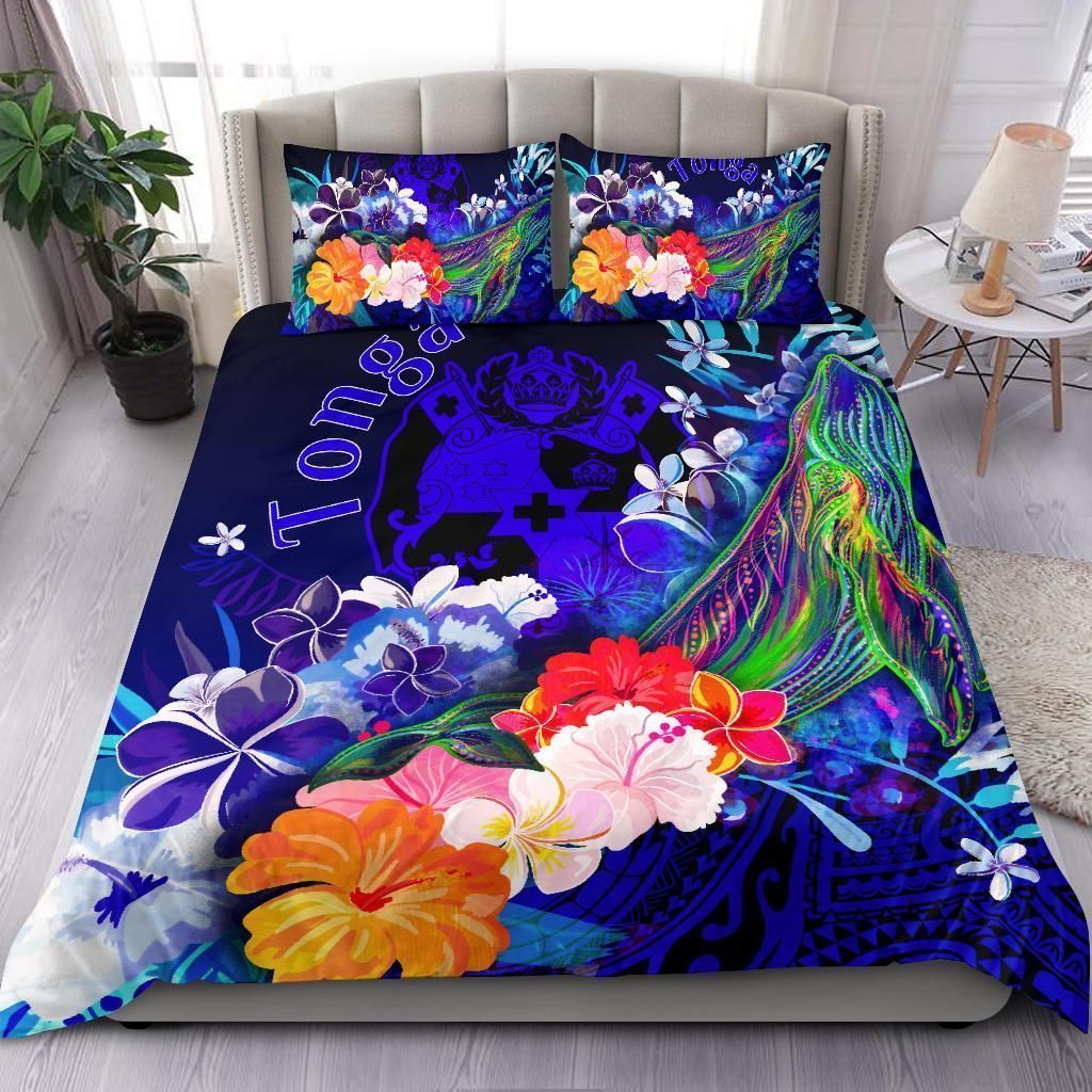 Alohawaii Bedding Set – Cover And Pillow Cases Tonga – Humpback Whale With Tropical Flowers (Blue)- Bn18