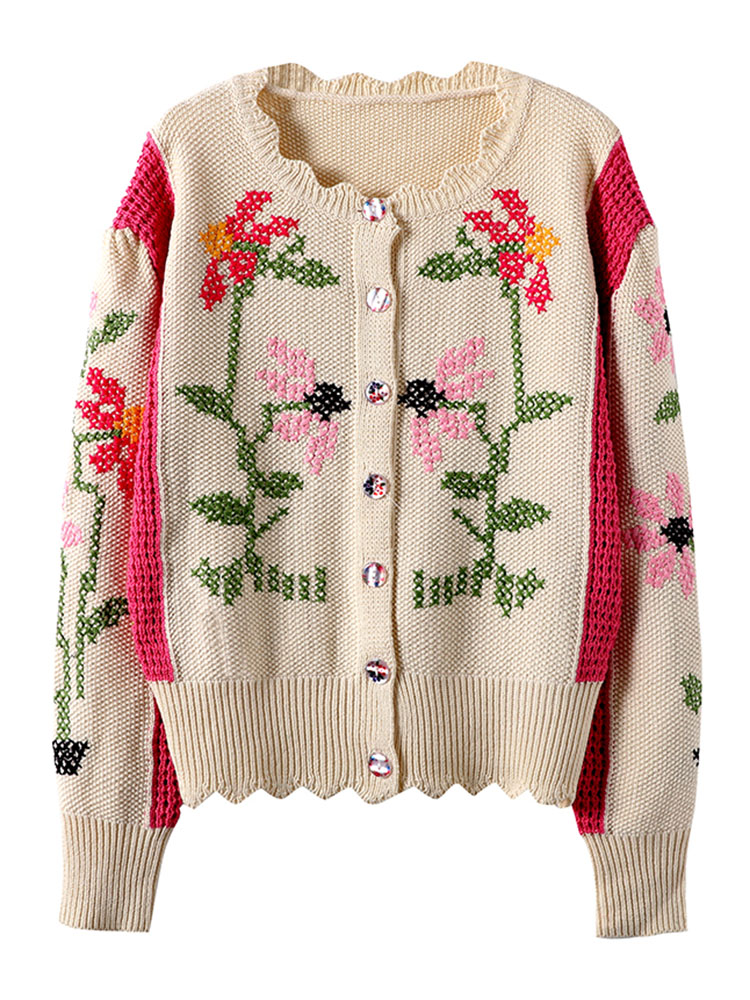 2022 Autumn Cardigan Women Fashion Brand Floral Embroidery Pink Hollow Out Kntted Sweater Runway Female Top C-161 alx