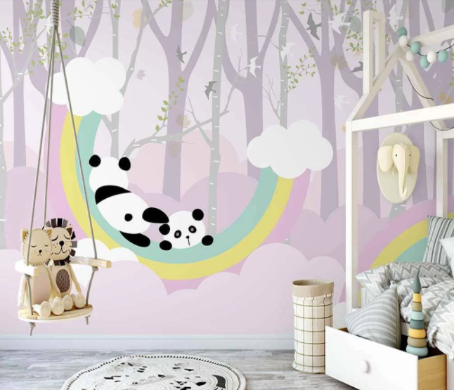 3D Cartoon Tree Branch Panda Animal Wall Mural Wallpaper Lxl