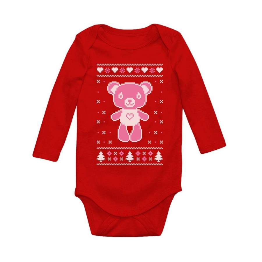 Big Pink Furry Bear Doll – Cute Ugly Christmas Sweater Baby Long Sleeve Bodysuit