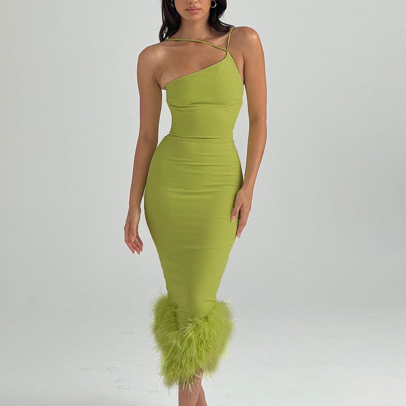 Townlike One Shoulder Halter Feather Dress Women 2022 Summer Dress Sexy Club Party Temperament Elegant Midi Slim Bodycon Dresses alx