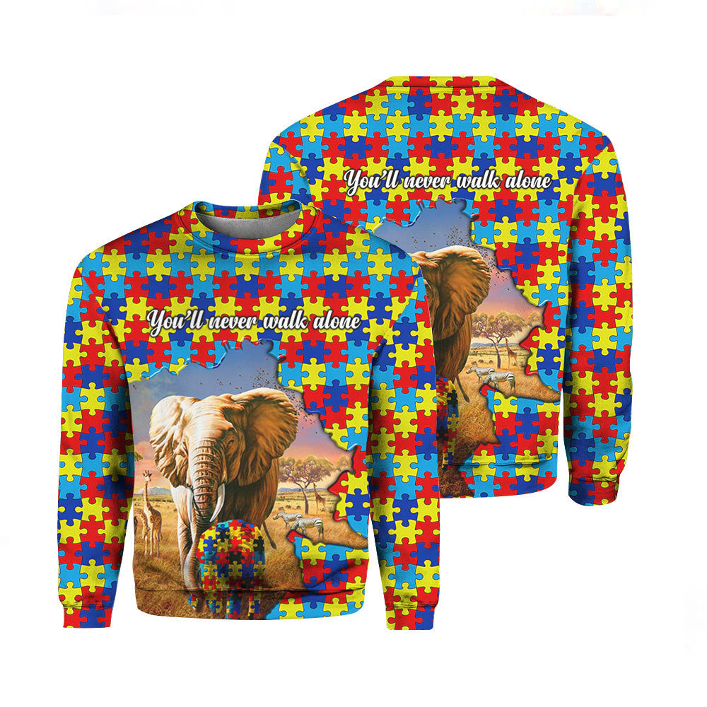 You’Ll Never Walk Alone Autism Awareness Elephant Crewneck Sweatshirt Over Print | For Men & Women | Th1191