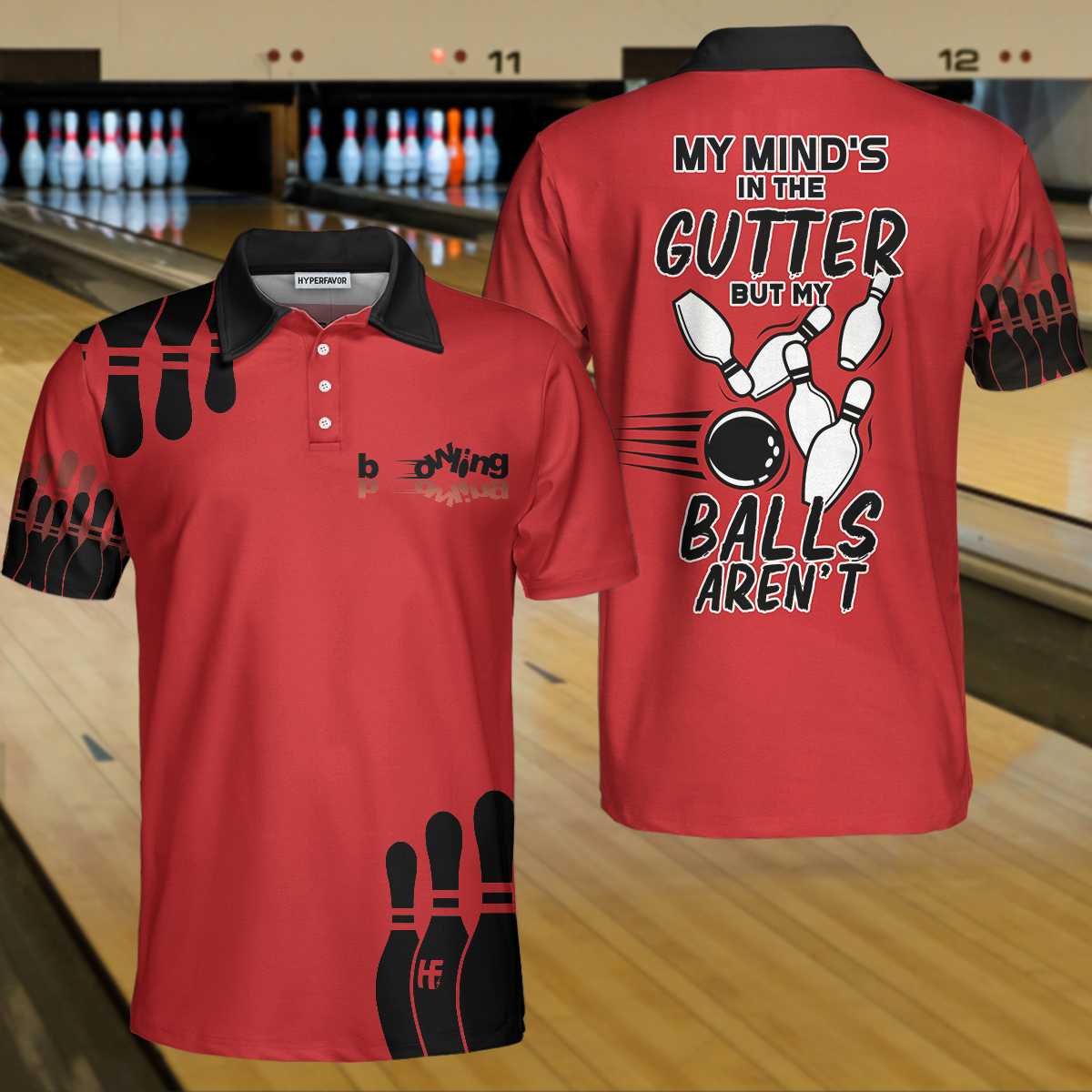 My Mind Is In The Gutter But My Balls Aren’T Bowling Polo Shirt, Funny Red And Black Bowling Polo Shirt For Men Coolspod