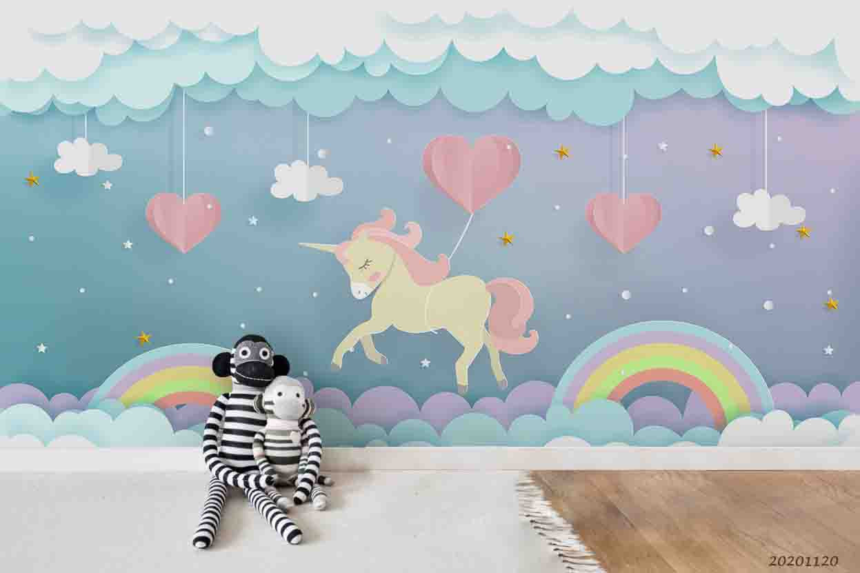 3D Cartoon Sky Cloud Rainbow Heart Unicorn Animal Wall Mural Wallpaper Lxl