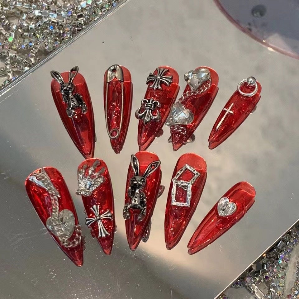 Long Stiletto Bloody Valentine Vampire Bunny Press On Nails/Red Clip Nails/red bunny Nails/Fake Nails/Halloween Nails/Reusable Nails #208