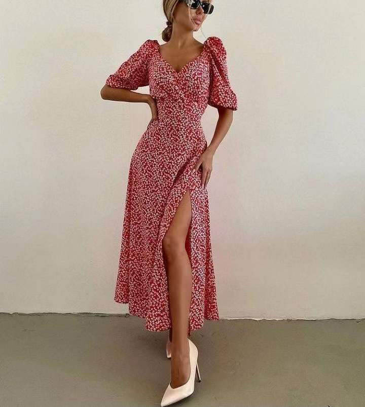 Summer Floral Print Dress for Women V-Neck Vintage French Style Puff Sleeve Boho Long Maxi Dress Urban Retro Vestidos Mujer alx