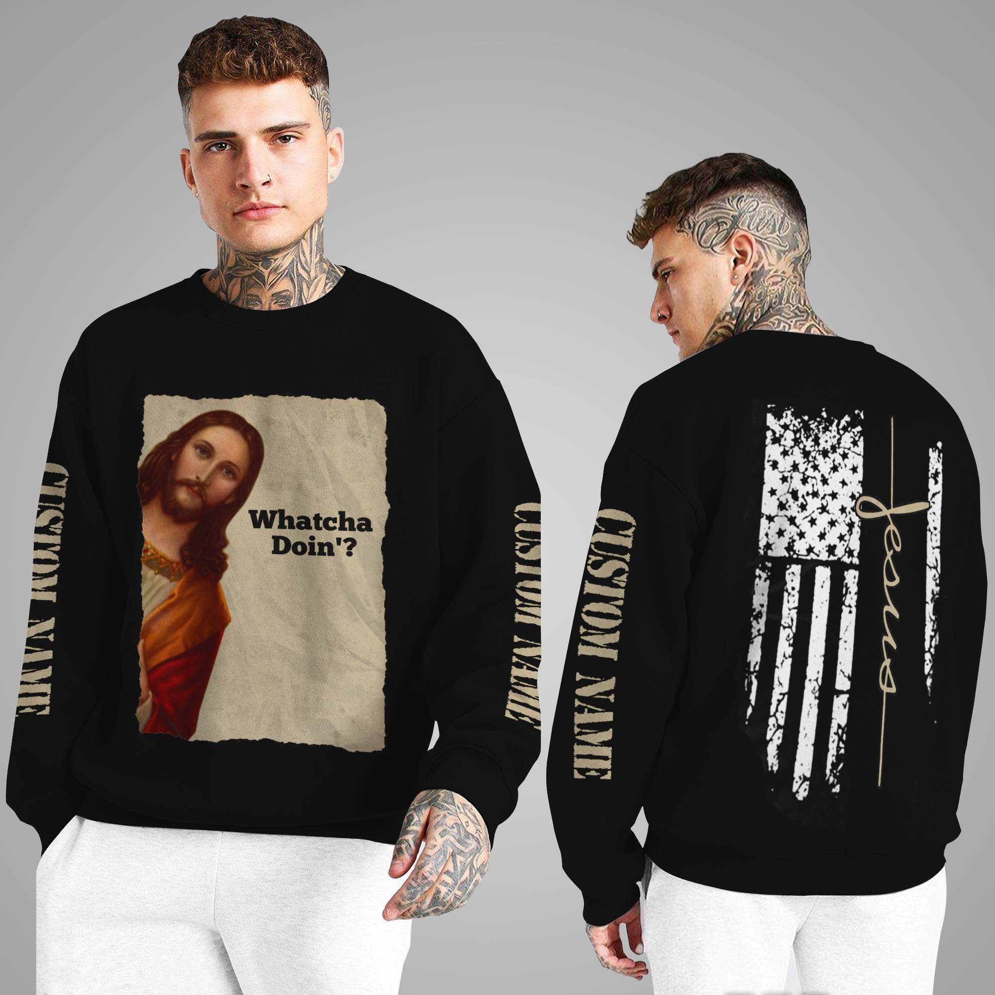 Whatcha Doin’? Jesus American Flag Vintage Retro Custom Name 3D Long Sleeve Shirt For God Lovers