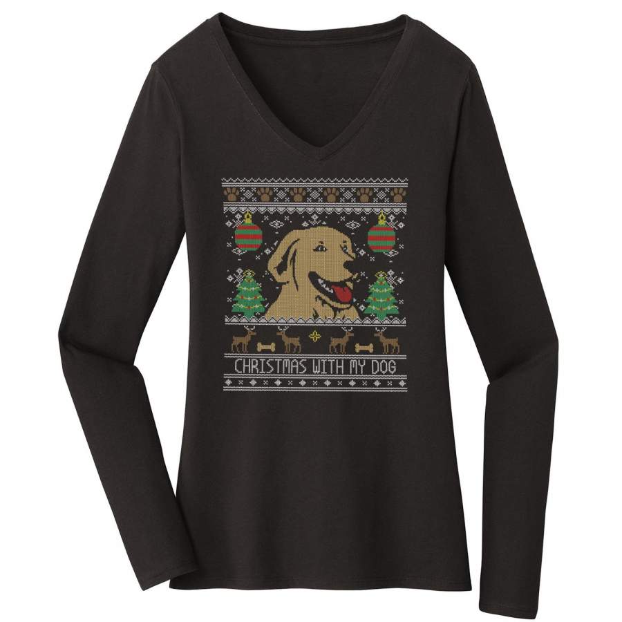 Ugly Sweater Christmas With My Dog – Women’s V-Neck Long Sleeve T-Shirt