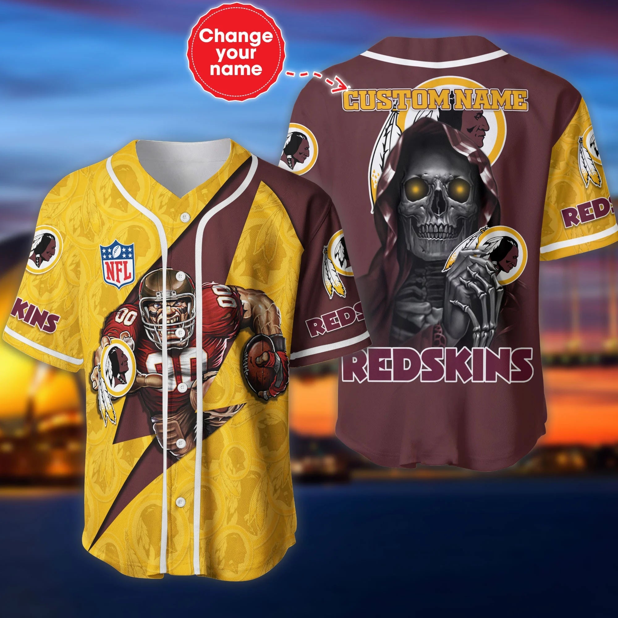 Washington Commanders Baseball Jersey Skull Custom Name