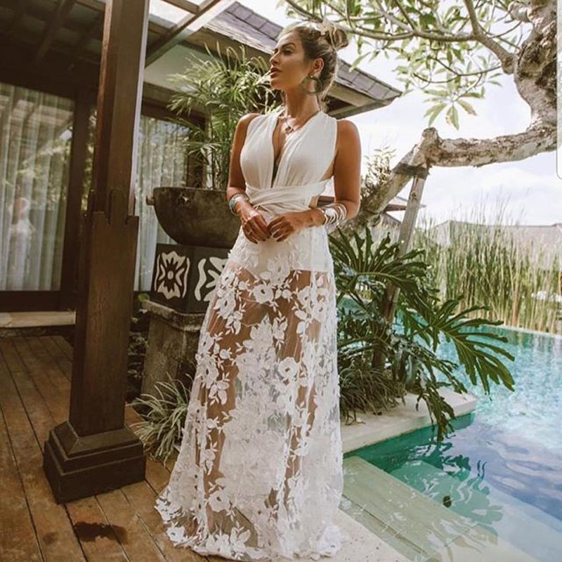 2022 Summer Women’s Sexy V-neck Backless White Lace Embroidered Dress Dress Seaside Holiday Beach Dress alx