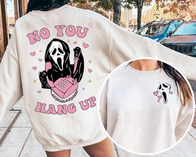 No You Hang Up Sweatshirt, 2 Sides Ghost Face Sweatshirt, Halloween Horror Crewneck Sweatshirt All Over Print Sweatshirt For Women Sweatshirt For Men