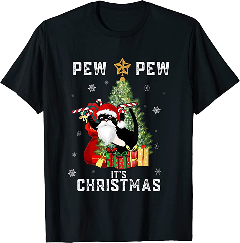 Pew Pew It’s Christmas Funny Cat with Candy Canes Christmas T-Shirt